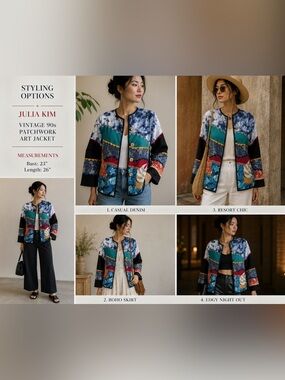 Julia Kim Vintage 90s Art Wear Patchwork Nautical Jacket Blazer XL Boho Coastal